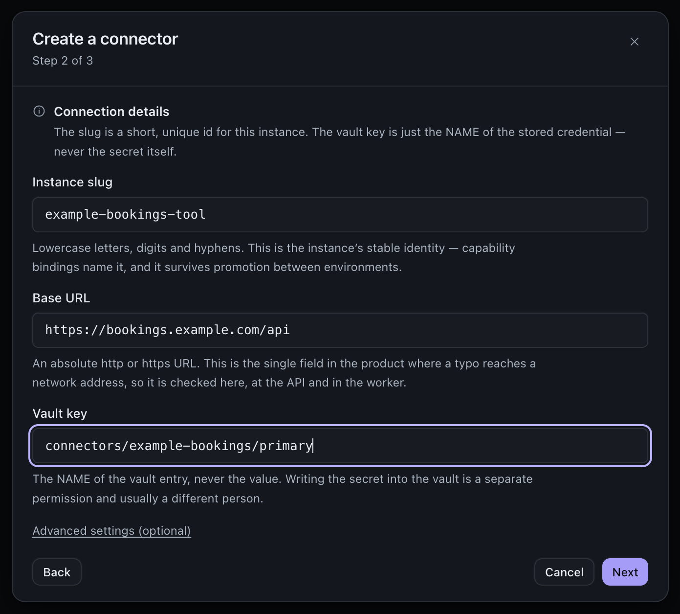 The Create a connector wizard on step 2, with an instance slug, a base URL and a vault key filled in with example values