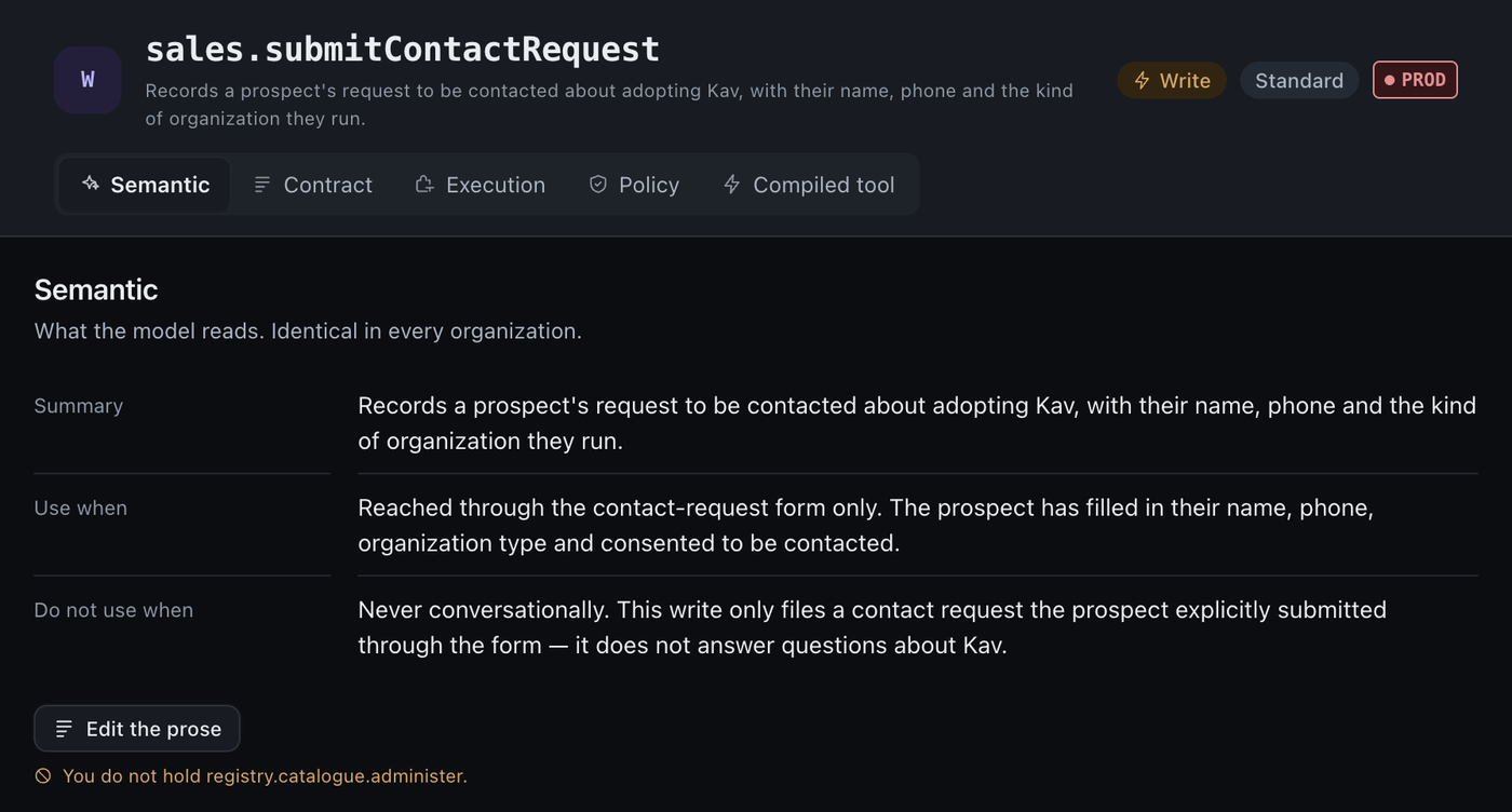 The Semantic tab of a capability with a summary, a Use when note, a Do not use when note and a message that the account does not hold registry.catalogue.administer