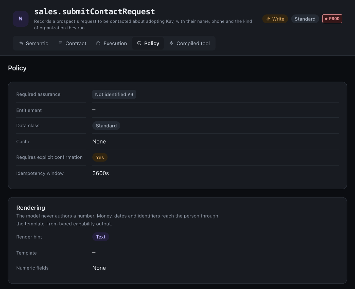 The Policy tab showing Required assurance, Data class, Cache, Requires explicit confirmation Yes, an Idempotency window, and a Rendering section with a render hint