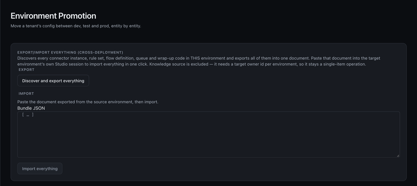 The Environment Promotion screen with a Discover and export everything button and a box to paste a bundle for import